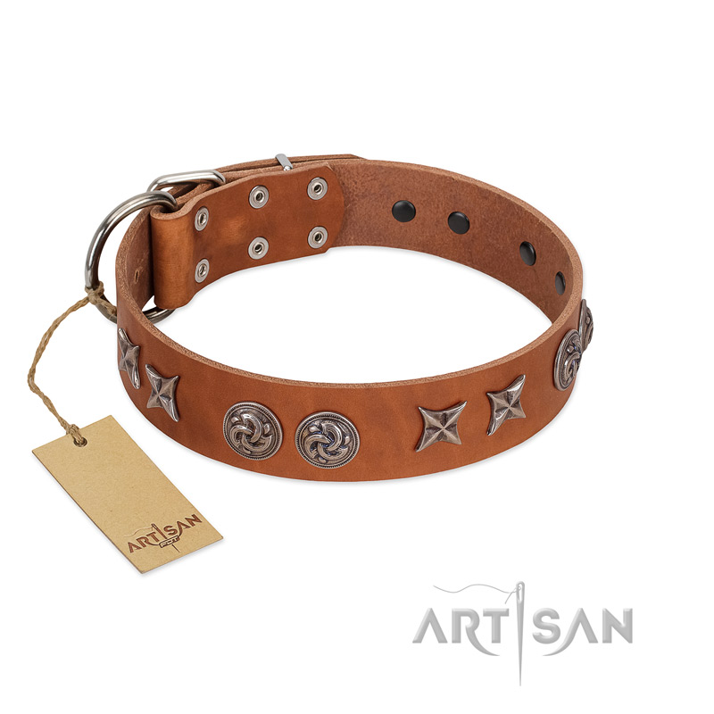 "Brave Spirit" Handmade FDT Artisan Designer Tan Leather Great Dane Collar with Shields