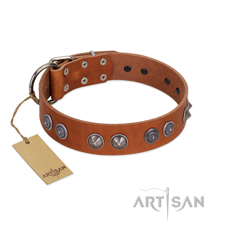 "Silver Necklace" Incredible FDT Artisan Tan Leather Great Dane Colar with Silver-Like Adornments