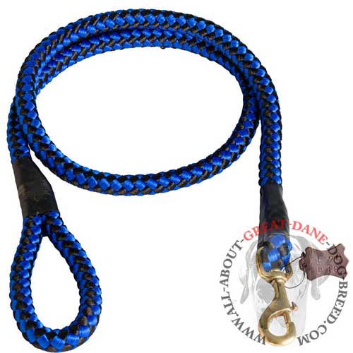 Blue Nylon Cord Great Dane Leash with Handle and Brass Snap Hook